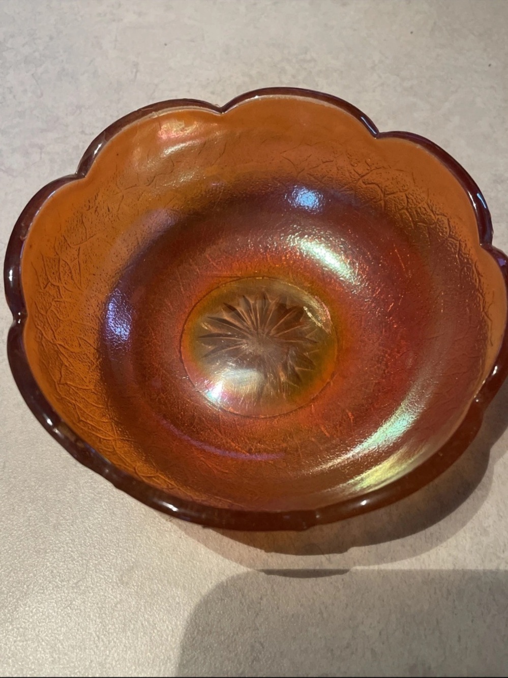 JEANNETTE Crackle Carnival Bowl, Vintage Marigold Iridescent Berry Dessert Bowl